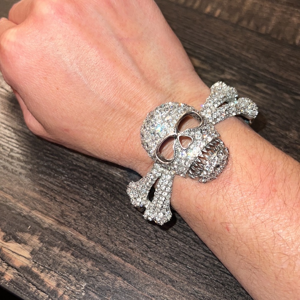 Rhinestone Silver Skull Bangle Bracelet